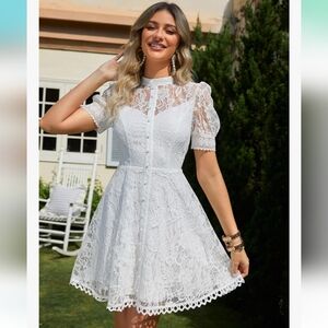 White Puff Sleeve Dress Mock Neck